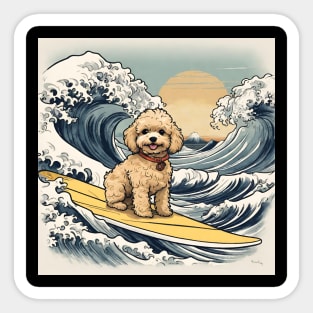 Funny Mini Goldendoodle Surfing in Vintage The Great Wave Off Kanagawa Sticker
